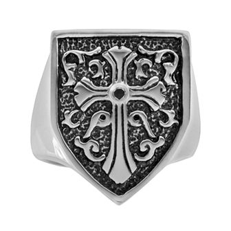 Stainless Steel and Black Immersion-Plated Stainless Steel Black Diamond Accent Cross and Shield Ring - Men