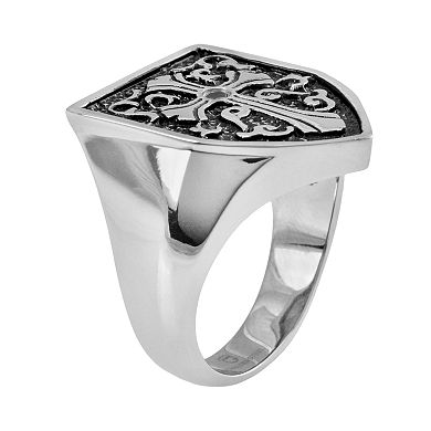 Stainless Steel and Black Immersion-Plated Stainless Steel Black Diamond Accent Cross and Shield Ring - Men