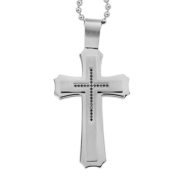 Stainless Steel 1/8-ct. T.W. Black Diamond Cross Pendant - Men