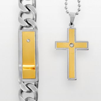 Gold LLC Stainless Steel and Yellow Immersion-Plated Stainless Steel Cubic Zirconia ID Bracelet and Cross Pendant Set