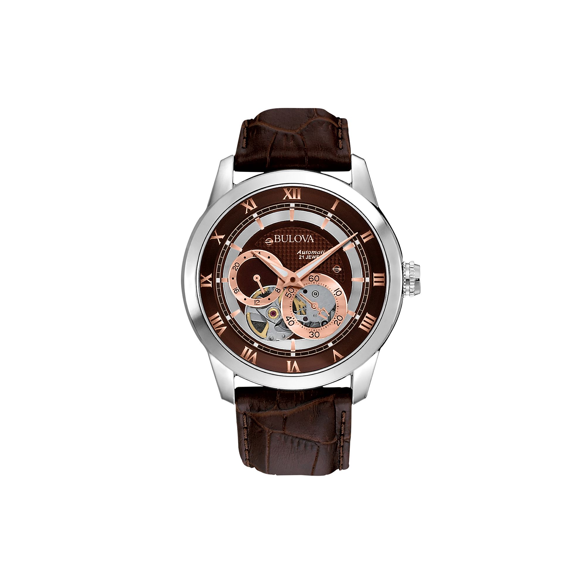 Bulova Stainless Steel Automatic Skeleton Leather Watch - 96A120 - Men, Men