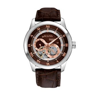 Bulova Stainless Steel Automatic Skeleton Leather Watch - 96A120 - Men