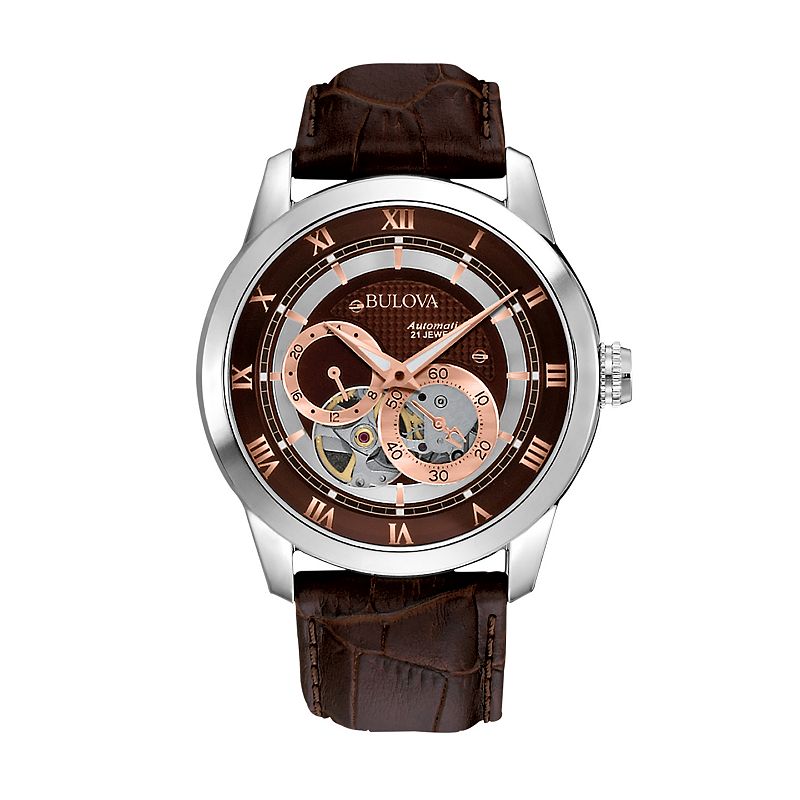 Bulova Stainless Steel Automatic Skeleton Leather Watch - 96A120 - Men, Men's, Brown