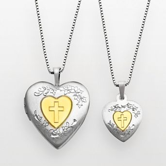 14k Gold Over Silver & Sterling Silver Cross Heart Locket & Pendant Set