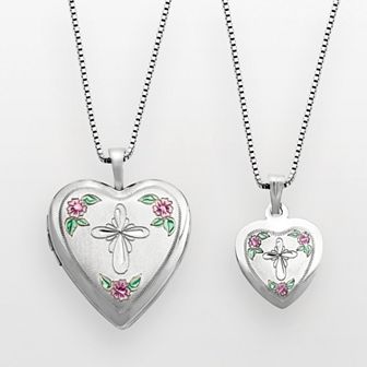 Sterling Silver Cross & Flower Heart Locket & Pendant Set