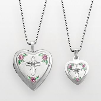 Sterling Silver Cross & Flower Heart Locket & Pendant Set