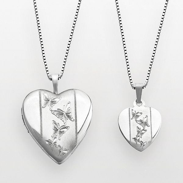 Engraved Butterfly Heart Locket Pendant in Sterling Silver
