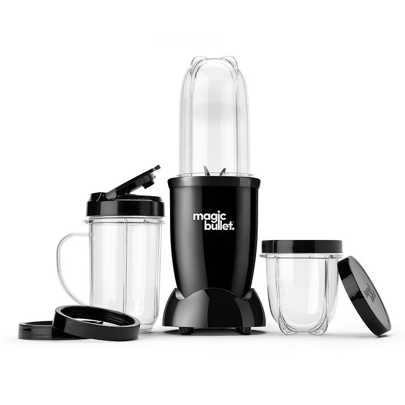 A silver and black single serving blender with accessories