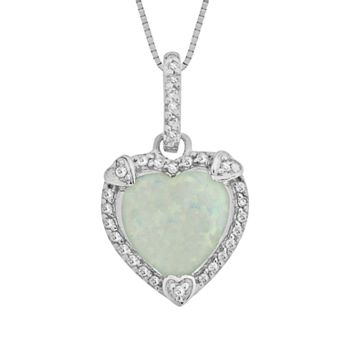Gemminded Sterling Silver Lab-Created Opal and Diamond Accent Heart Frame Pendant