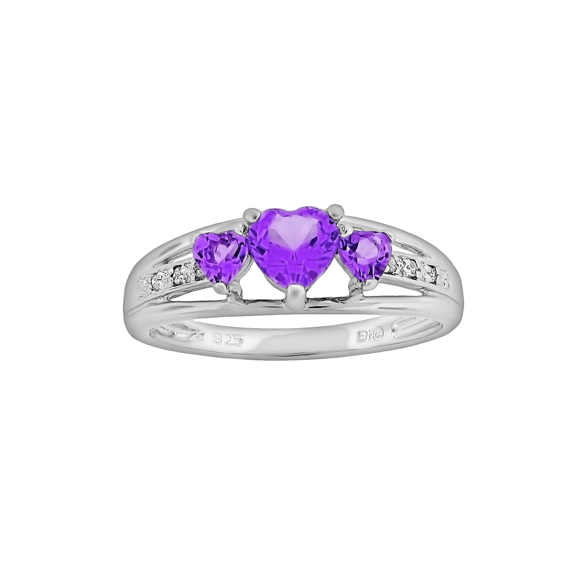 Gemminded Sterling Silver Amethyst and Diamond Accent Heart 3-Stone Ring, W