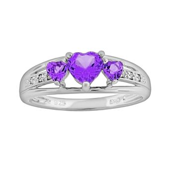 Gemminded Sterling Silver Amethyst and Diamond Accent Heart 3-Stone Ring