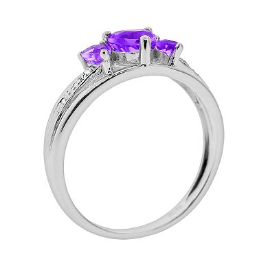 Gemminded Sterling Silver Amethyst and Diamond Accent Heart 3-Stone Ring