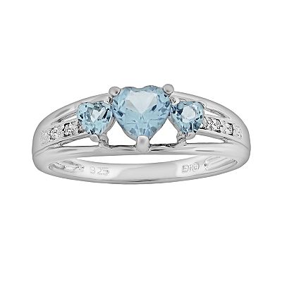 Sterling Silver Triple Heart Birthstone Ring with Diamond Accent 7 Created Aquamarine