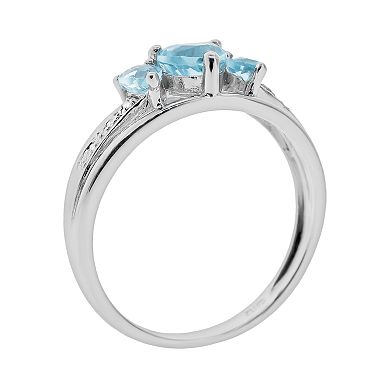 Gemminded Sterling Silver Lab-Created Aquamarine and Diamond Accent Heart 3-Stone Ring