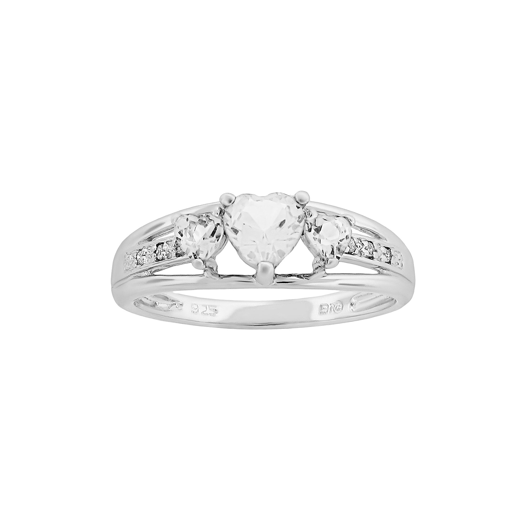 Gemminded Sterling Silver White Topaz and Diamond Accent Heart 3-Stone Ring