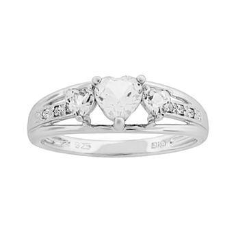 Gemminded Sterling Silver White Topaz and Diamond Accent Heart 3-Stone Ring