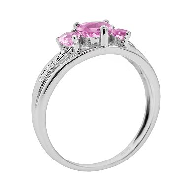 Gemminded Sterling Silver Lab-Created Pink Sapphire and Diamond Accent Heart 3-Stone Ring
