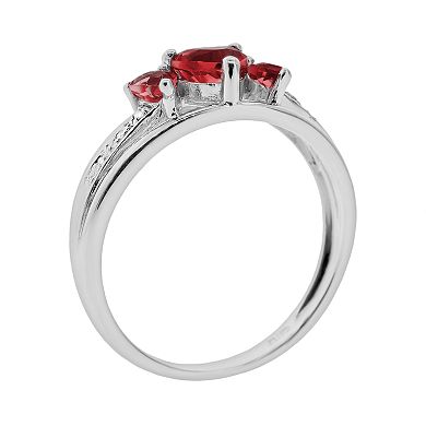 Gemminded Sterling Silver Lab-Created Ruby and Diamond Accent Heart 3-Stone Ring
