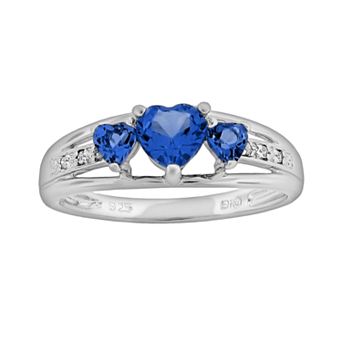 Gemminded Sterling Silver Lab-Created Sapphire and Diamond Accent Heart 3-Stone Ring