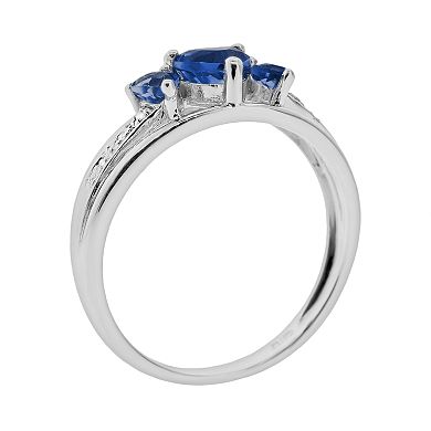 Gemminded Sterling Silver Lab-Created Sapphire and Diamond Accent Heart 3-Stone Ring