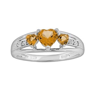 Gemminded Sterling Silver Citrine and Diamond Accent Heart 3-Stone Ring