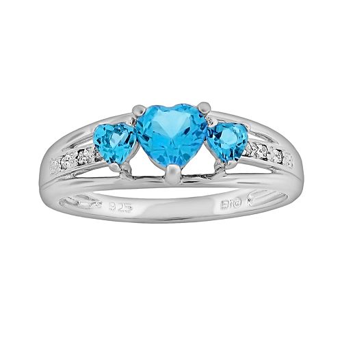 Sterling Silver Blue Topaz & Diamond Accent Heart 3-Stone Ring