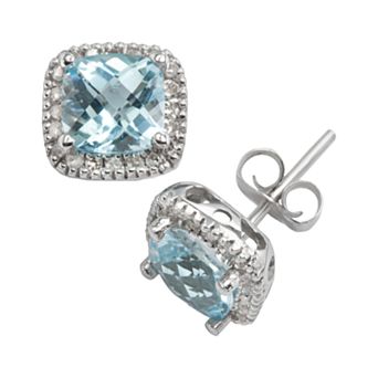 10k White Gold .16 ct T.W. Diamond and Blue Topaz Frame Stud Earrings