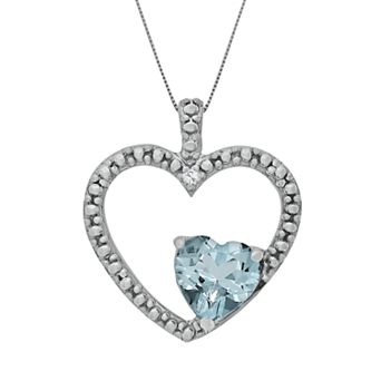 Gemminded Sterling Silver Lab-Created Aquamarine and Diamond Accent Heart Pendant