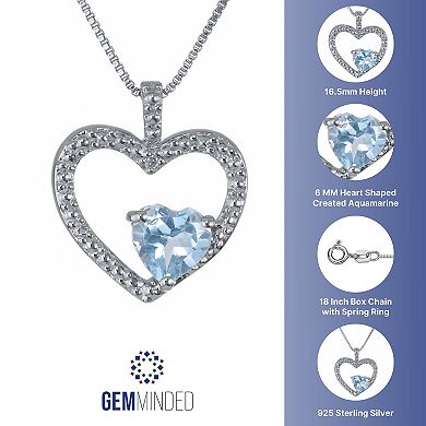 Gemminded Sterling Silver Lab-Created Aquamarine and Diamond Accent Heart Pendant