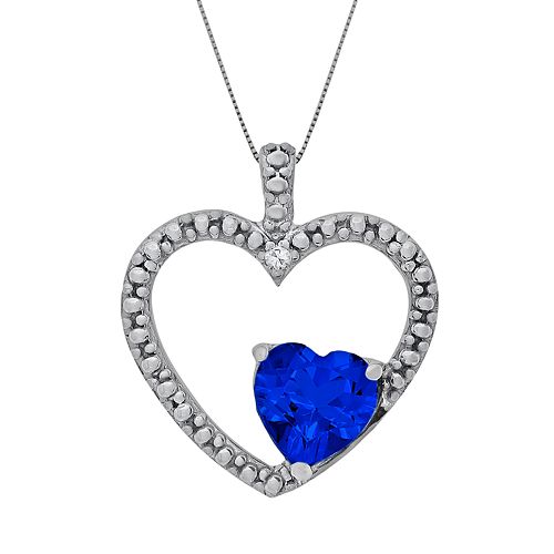 Sterling Silver Lab Created Sapphire And Diamond Accent Heart Pendant 7357