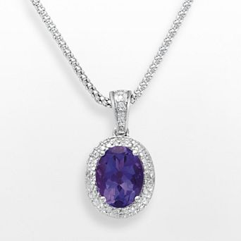 Oro Leoni Sterling Silver Amethyst and Diamond Accent Oval Frame Pendant