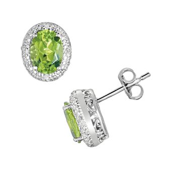 Oro Leoni Sterling Silver Peridot and Diamond Accent Oval Stud Earrings