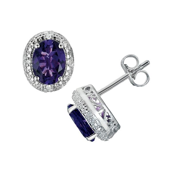 Sterling Silver Amethyst and Diamond Accent Oval Stud Earrings