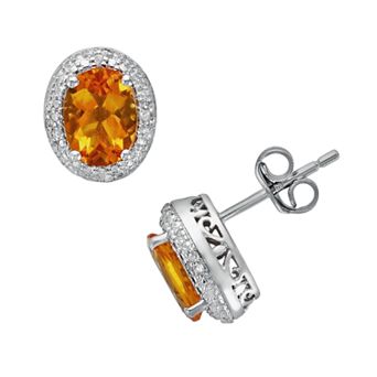 Oro Leoni Sterling Silver Citrine and Diamond Accent Oval Frame Stud Earrings