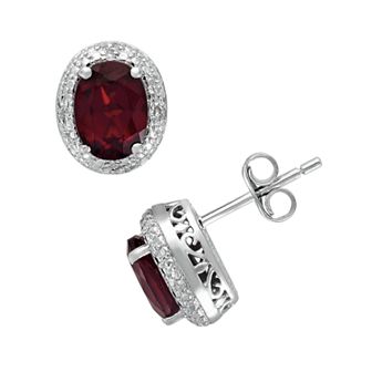 Sterling Silver Garnet and Diamond Accent Oval Frame Stud Earrings