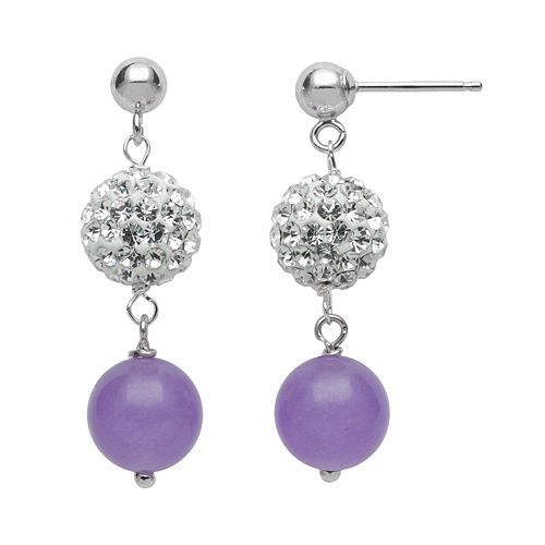 Sterling Silver Simulated Crystal & Lavender Jade Ball Linear Drop Earrings
