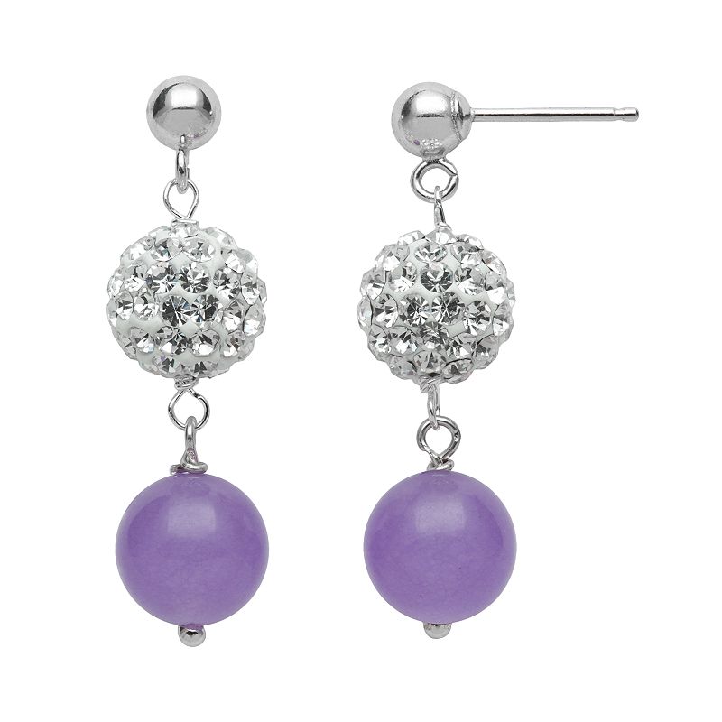 Sterling Silver Simulated Crystal and Lavender Jade Ball Linear Drop Earrin