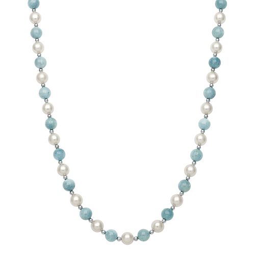 Sterling Silver Freshwater Cultured Pearl & Aquamarine Bead Necklace