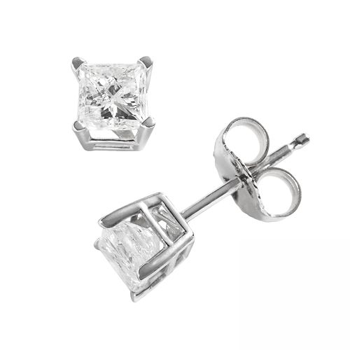 14k White Gold 3 4 Ct T W Princess Cut Diamond Solitaire Earrings