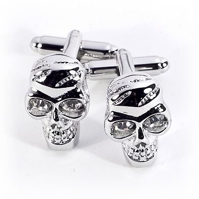 Rhodium-Plated Crystal Skull Cuff Links