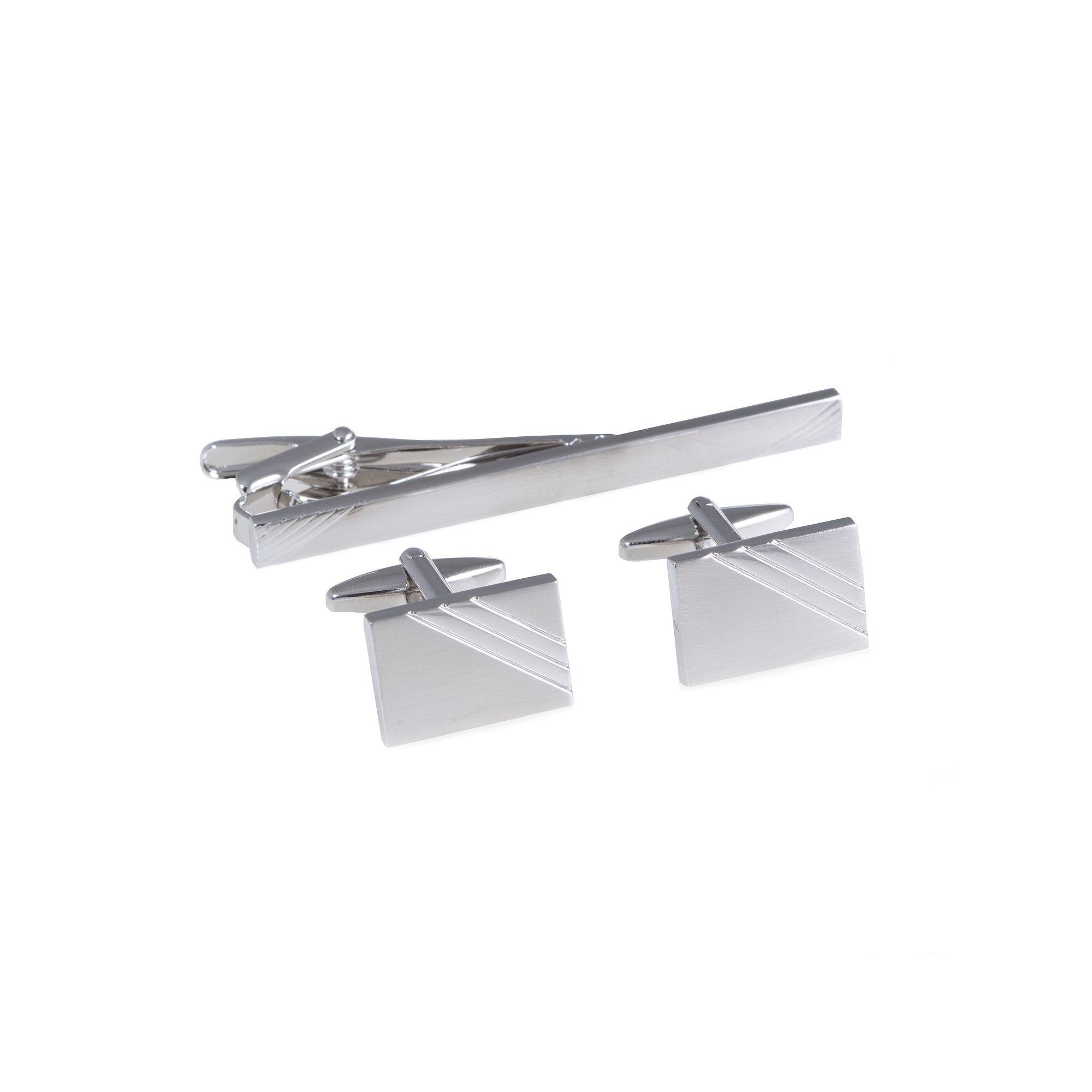 Rhodium-Plated Stripe Cuff Links & Tie Bar Set, Silver