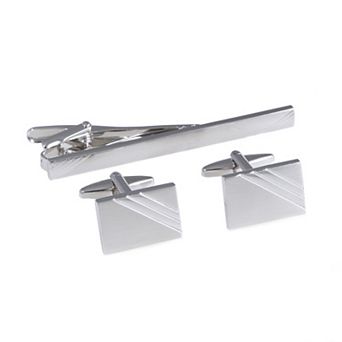 Rhodium-Plated Stripe Cuff Links & Tie Bar Set