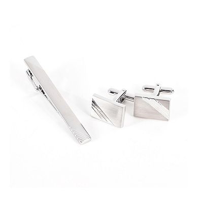 Rhodium-Plated Stripe Cuff Links and Tie Bar Set