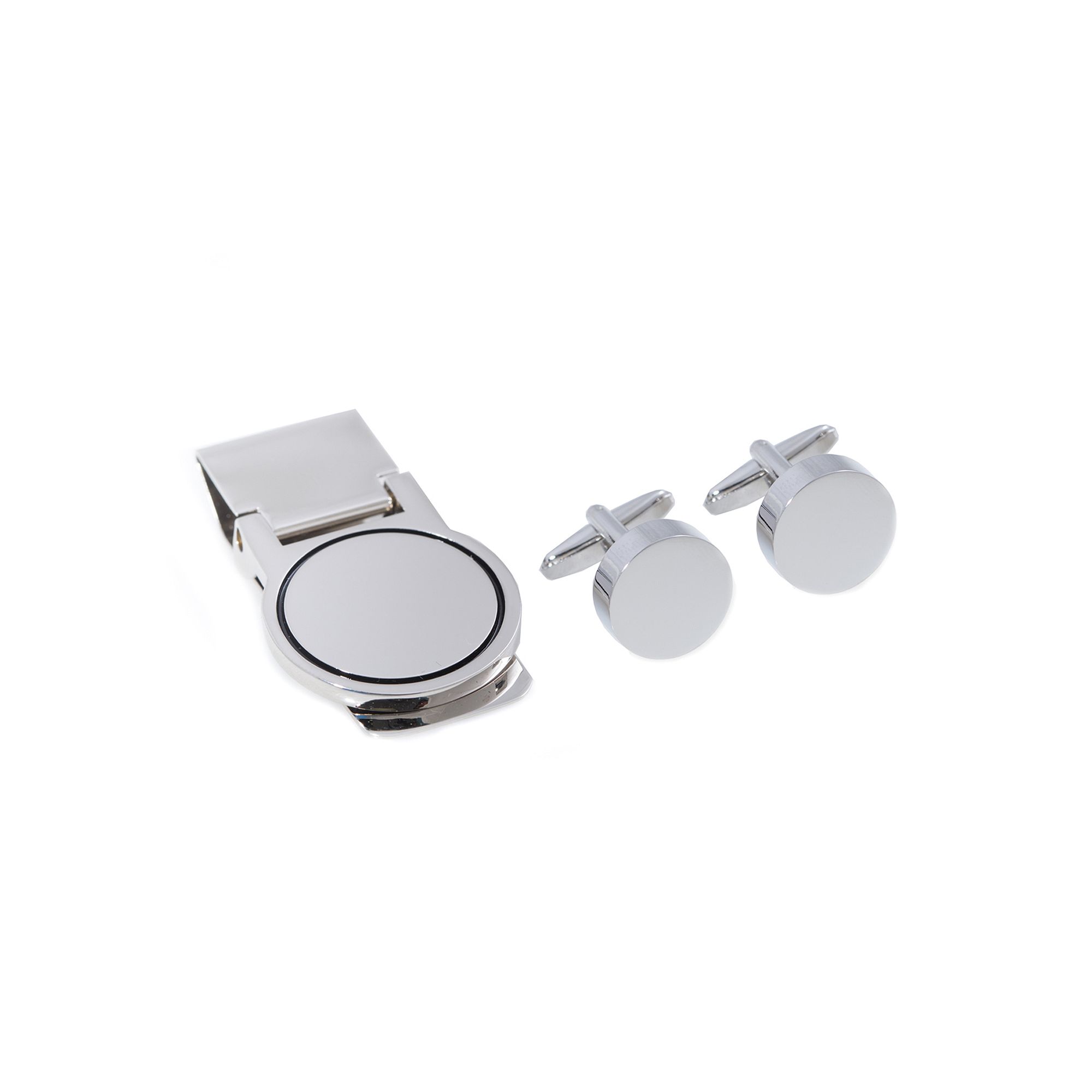 Rhodium-Plated Round Cuff Links & Money Clip Set, Silver