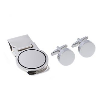Rhodium-Plated Round Cuff Links & Money Clip Set