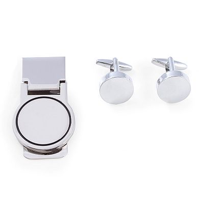 Rhodium-Plated Round Cuff Links and Money Clip Set