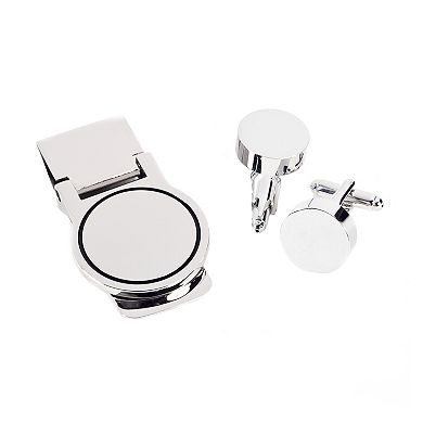 Rhodium-Plated Round Cuff Links and Money Clip Set