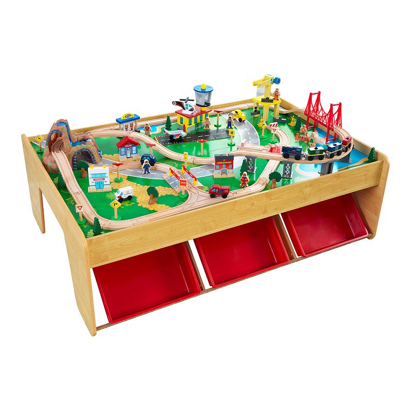 KidKraft Waterfall Mountain Wooden Train Set & Table with 120 Pieces  3 Storage Bins