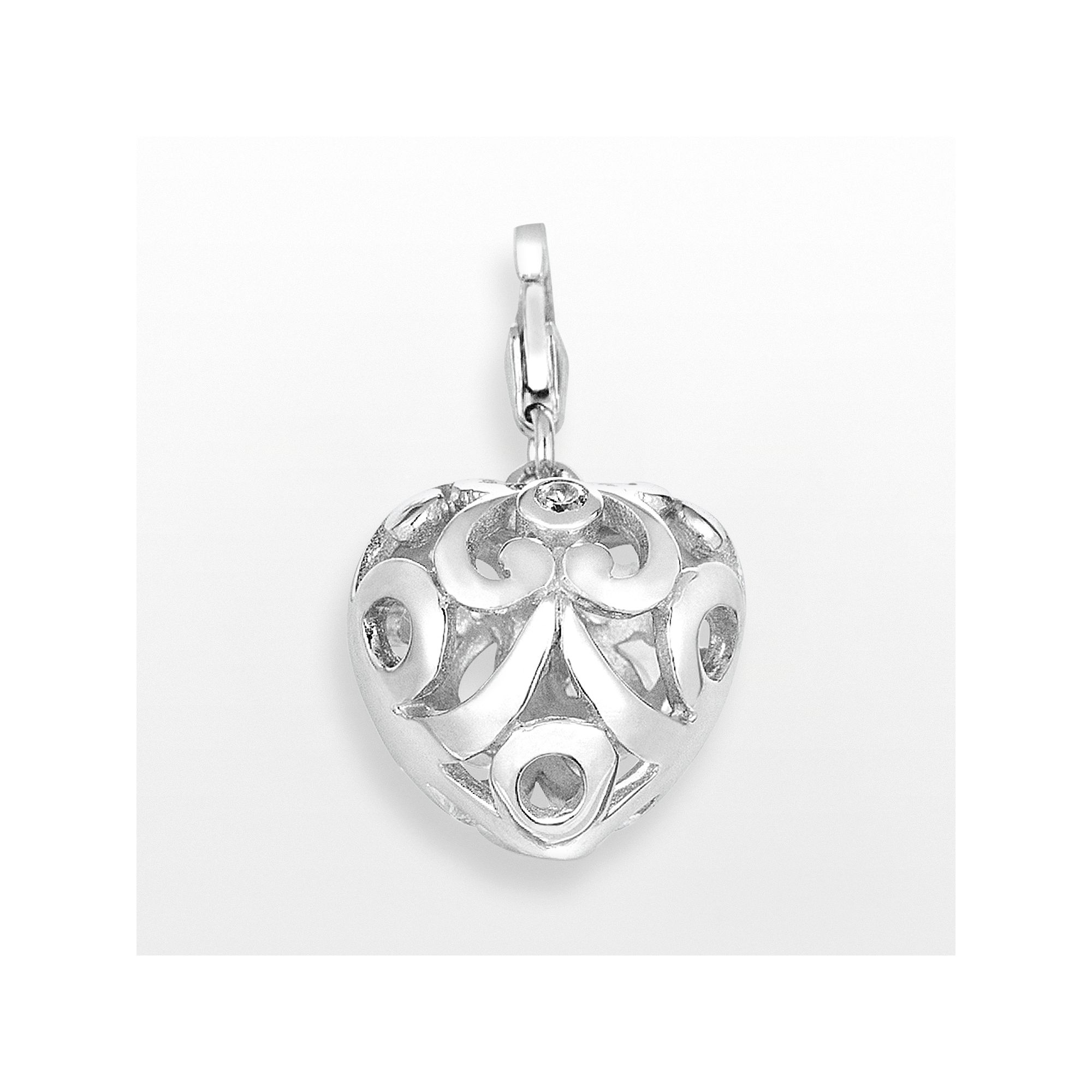 Sterling Silver White Topaz Openwork Heart Charm, Womens