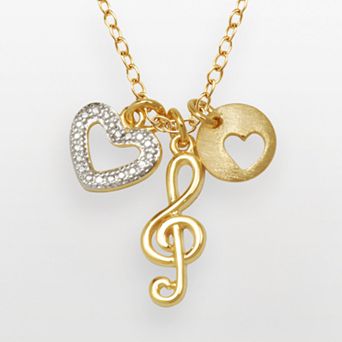 18k Gold Over Silver-Plated and Silver-Plated Diamond Accent Treble Clef and Heart Charm Necklace